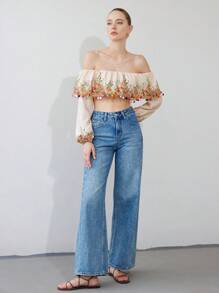 SHEIN Privé Sweater Kasual Resort Wanita Lengan Panjang Tanpa Bahu dengan Hiasan Bola Bulu - MultiWarna - View 4