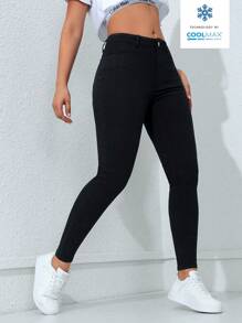 SHEIN ICON 女式口袋紧身休闲百搭牛仔裤 - 黑色 - 查看 3