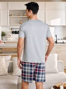 Manfinity Contrast Plaid Print Pocket Decor Men's Short Sleeve Top And Shorts Pajama Set, Casual Home Wear - Multicolor - View 2