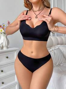2 件套女士纯色舒适时尚荷叶边内衣套装 - 黑色 - 查看 3