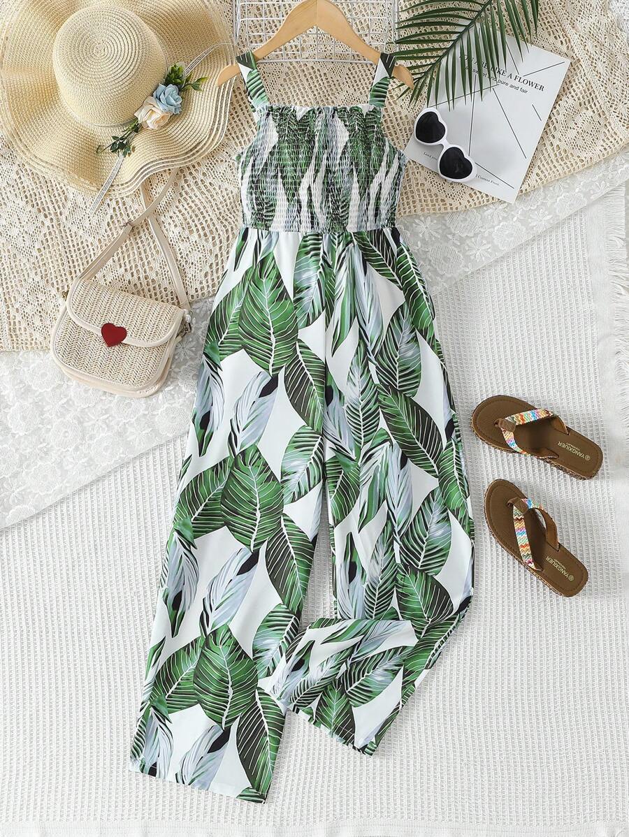 SHEIN Tween Girls' Botanical Print Jumpsuit, Sleeveless For Summer,Holiday,Summer,Travel, School, Campus, College - Green - View 1