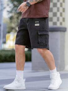 Manfinity Hypemode Quần short denim túi tiện dụng có miếng dán chữ cỡ lớn cho nam, dành cho mùa hè - màu đen - Xem 5