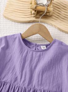 SHEIN LMoss Kids LMoss Young Girl Young Girl Woven Solid Color Loose Casual Blouse With Round Neck & Bowtie - Purple - View 5