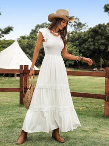 SHEIN LUNE 女士休闲盖袖蕾丝拼布 A 字形连衣裙，褶皱腰身，优雅度假和户外穿着 - 白色 - 查看 4