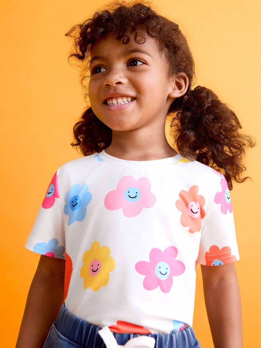 SHEIN Young Girls Cute Smiling Face & Floral Print T-Shirts - Multicolor - View 1
