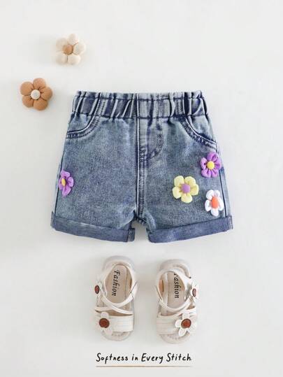 Cozy Pixies Pantalones cortos casuales de cintura elástica con flores 3D para bebé niño, versátiles y cómodos