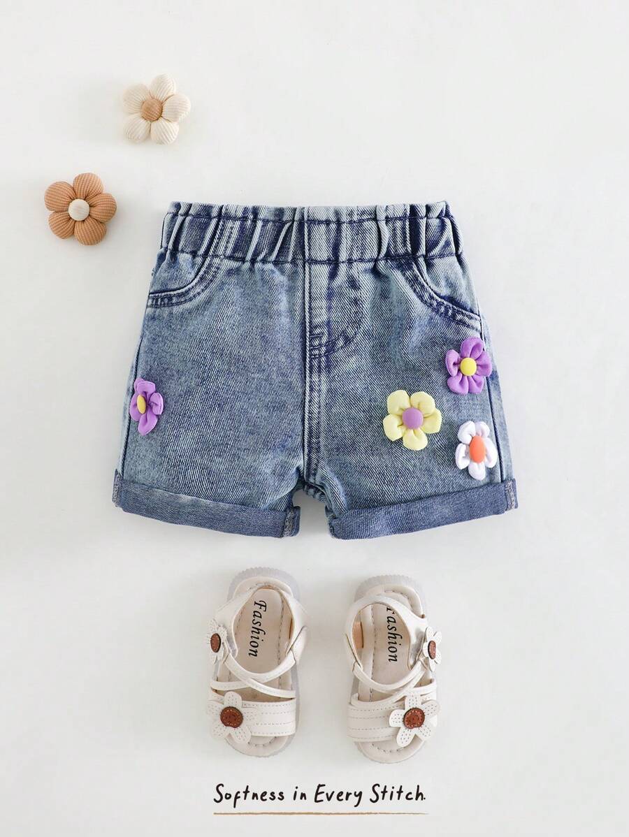 Cozy Pixies Baby Boy 3D Floral Elastic Waist Casual Shorts, Versatile And Comfortable - Blue - View 1