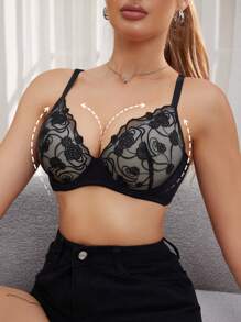 SHEIN 1 件性感网眼刺绣轻薄衬垫钢圈包裹支撑内衣文胸 - 黑色 - 查看 1