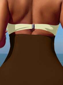 SHEIN Swim Women's Vacation Color Contrast Crisscross Hollow-Out Halter One Piece Swimsuit - Multicolor - View 4