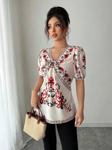 Elenzga Blusa con estampado floral, manga abullonada y nudo adelante para mujer, ideal para vacaciones