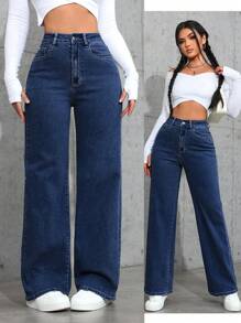 SHEIN EZwear Jeans casual a gamba dritta e morbidi con tasche, versatili, per donne