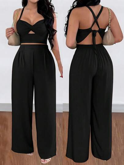 Zyxie 2pcs Set Sexy Tied Back Loose Wide Leg Jumpsuit Pants For Holiday