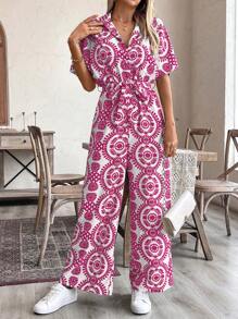 Breezaya 女式花卉印花短袖单排扣休闲衬衫搭配连体裤 - 玫紅色 - 查看 3