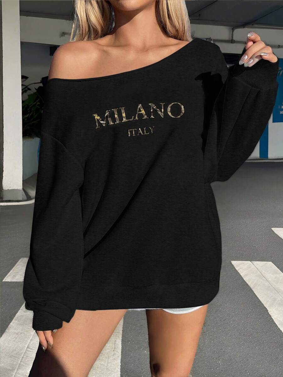 SHEIN EZwear Áo nỉ dài tay in chữ đơn giản, rộng rãi, thoải mái, cỡ lớn cho nữ - màu đen - Xem 1