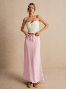 Poéselle Women's Skirt, Floor Length Maxi Skirt, Tie At Waist, Cute Skirt, Low Waist Skirt - Baby Pink - View 4