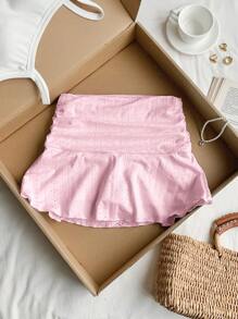 Comfortcana Summer Casual Solid Color Perforated Textured Ruched A-Line Mini Skirt - Pink - View 5