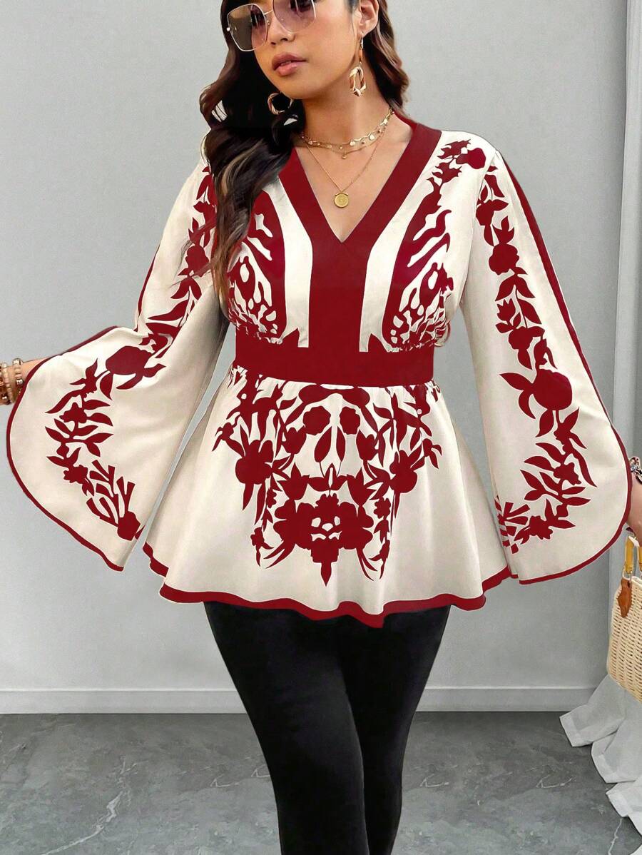 SHEIN Clasi Áo cánh đi làm thanh lịch, cổ chữ V, tay loe, họa tiết hoa cỡ lớn, eo bó - Nhiều màu - Xem 1