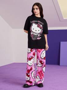 HELLO KITTY AND FRIENDS | SHEIN Spodnie Streetwear Y2K Style Pink Cartoon Print Casual Long Pants, Lato - Różowy - Zobacz 5