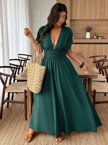 SHEIN Clasi Đầm xòe xẻ eo màu trơn thường ngày cỡ lớn, phong cách kỳ nghỉ - Màu xanh lá cây đậm - Xem 4