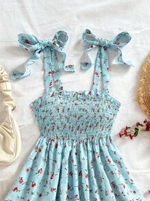 SHEIN WYWH Women Summer Vacation Blue Allover Floral Print Tie Shoulder Ruffle Hem Peplum Cute Lunch Casual Back To School Top