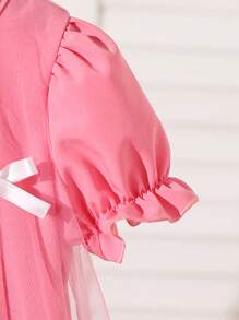 Baby Girl Spring&Summer Elegant Style Short Puff Sleeves Bowknot Decoration Wesh Dress - Pink - View 4