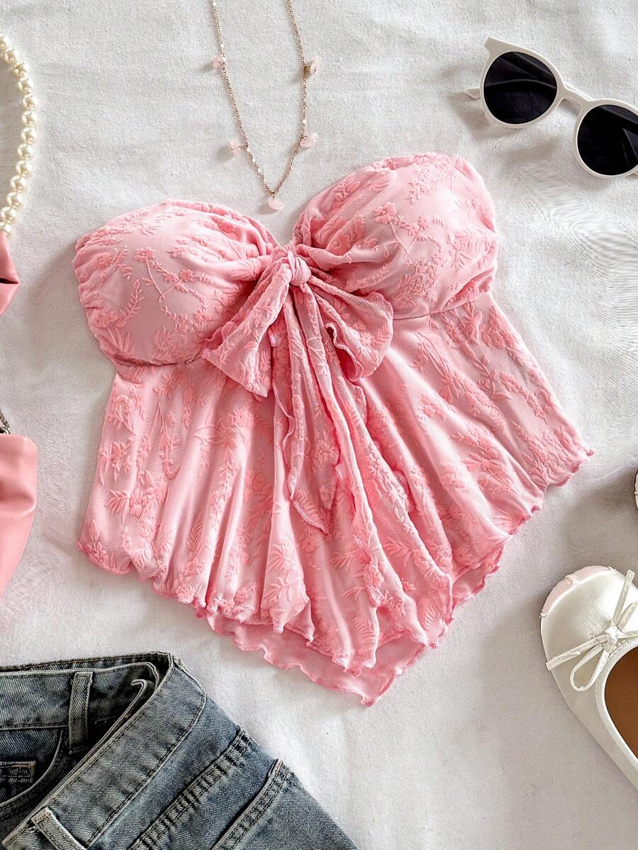 Soleia Women Holiday Halter Front Tie A-Line Crop Top - Baby Pink - View 1