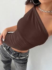 Flirla Maglie da donna a tinta unita con collo asimmetrico
