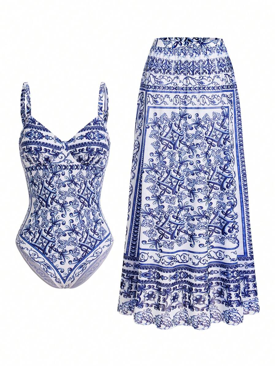 Swim Oasis Oasis Paisley Print Premium 2 Pieces Swimsuit For Summer Beach Vacation - Blue and White - View 1