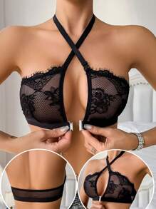 SHEIN 1pc Women Front Clasp Lace Patchwork Wireless Lingerie Bra - Black - View 1