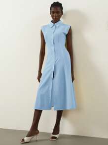 Aveloria Modichic Women's Premium Commuter Wide Strap Pad Lapel Full Button Front Gathered Waist Slightly A-Line Dress - Baby Blue - View 6