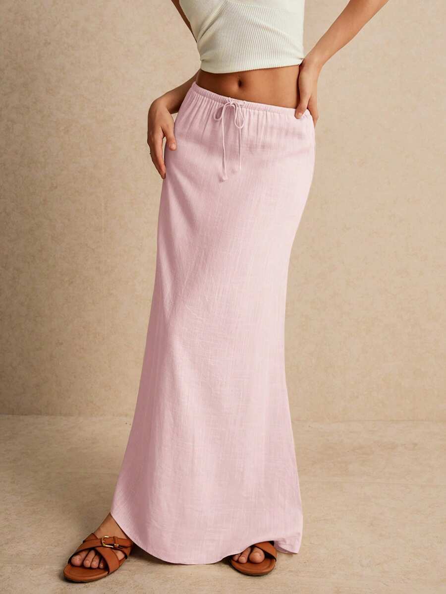 Poéselle Women's Skirt, Floor Length Maxi Skirt, Tie At Waist, Cute Skirt, Low Waist Skirt - Baby Pink - View 1