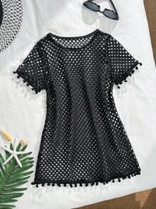SHEIN 女童泳衣罩衫，纯色毛绒球装饰镂空罩衫，适合夏季度假、海滩、海滨 - 黑色 - 查看 2