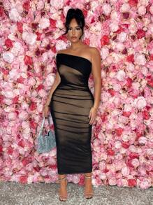 SHEIN SXY Váy bó sát một bên vai lưới đen tương phản ngày lễ tình nhân cỡ lớn cho nữ, phù hợp để mặc hàng ngày, đêm hẹn hò, sinh nhật, trang phục tiệc độc thân, tiệc tùng, vũ hội, hẹn hò cặp đôi, thanh lịch, giản dị, mua sắm, trang phục dạo phố, ngoài trời, quyến rũ, dễ phối đồ và trông thon gọn, làm nổi bật vóc dáng, tôn dáng, váy trang trọng cho phụ nữ - màu nâu - Xem 5