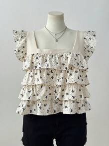 Flirla Plus Size Adorable Butterfly Print Cap Sleeve Blouse - Apricot - View 6