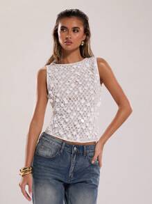 SHEIN BAE 女士夏季性感华丽珍珠白亮片波西米亚风海滩度假音乐会俱乐部性感上衣 - 白色 - 查看 5