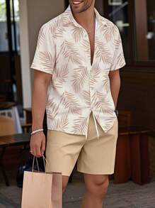 Manfinity RSRT Men's Hawaiian Tropical Plant Print Short Sleeve Shirt And Shorts 2pcs Set