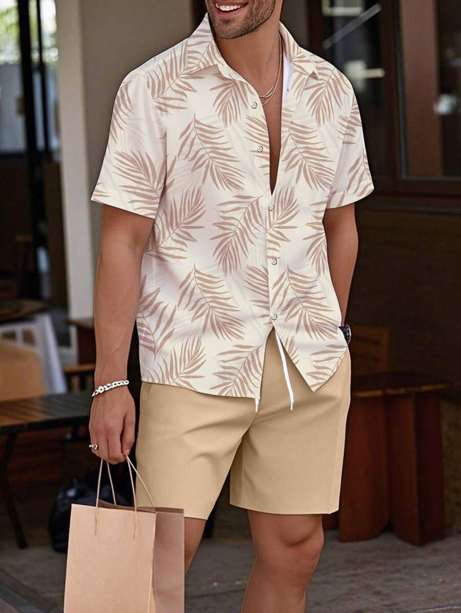 Manfinity RSRT Men's Hawaiian Tropical Plant Print Short Sleeve Shirt And Shorts 2pcs Set