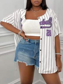 SHEIN EZwear Plus Size Summer Casual Striped Letter Print Plus Size Short Sleeve Baseball Shirt - Purple - View 3