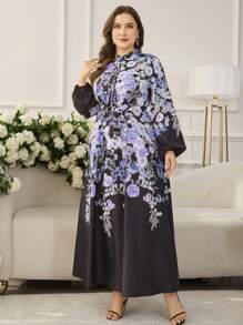 Modelyn Abito lungo con maniche lunghe, stampato in stile arabo, di taglia grande