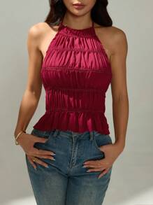 SHEIN PETITE Women's Adjustable Tie Strap Ruched Layered Semi-Sheer Romantic Date Cropped Camisole