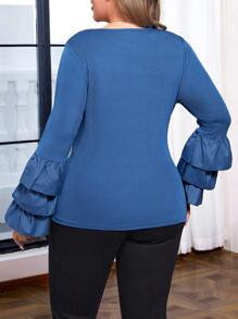 SHEIN LUNE Plus Size Women Ruffle Puff Sleeve Knitted Patchwork Crew Neck Pullover T-Shirt - Blue - View 2