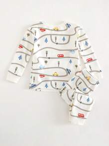 Cozy Pixies Baby Boy Snug Fit Pajamas 2 Pieces Set - Cartoon Car Print Soft Knitted Crew Neck Long Sleeve Top And Elastic Waist Long Pants