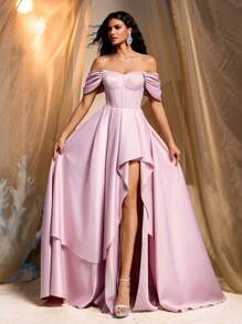 Glamrae Elegant Luxurious Off-Shoulder Puff Sleeve Ruffle Hem Dress, Suitable For Wedding, Single Party, Vacation, Ball, Banquet (Heavy-Duty)