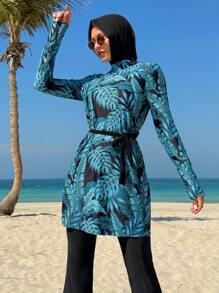 Swim Mulvari Women 3pcs/Set Random Leaf Print Modest Swimwear Set - Round Neck Long Sleeve Sun Protection Top, Waist Tie Swimsuit, And Headscarf For Summer Beach Vacation - Multicolor - View 2