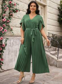 SHEIN Clasi Plus Size Women Solid Color Ruffle Short Sleeve Wide Leg Elegant Jumpsuit - Green - View 2