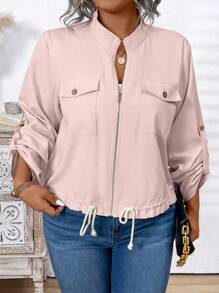 Plus Size Spring & Autumn Casual Solid Color Drawstring Hem Jacket Fall Winter Cloth For Women - Baby Pink - View 3