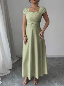 Modelyn Vestido de mujer de unicolor con cuello cuadrado y manga corta, estilo minimalista para el verano - Verde - Ver 6