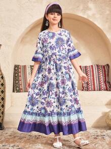 SHEIN Leap Crew Tween 女童休闲复古印花荷叶边下摆宽松长款度假连衣裙 - 藏蓝色 - 查看 4