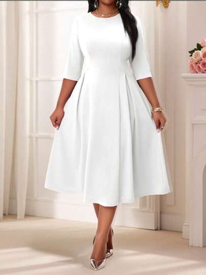 SHEIN Lady  Plus Size Women's Elegant Summer And Winter Elegant Purple Knitted Round Neck Flowy Long Sleeve Plus Size Dresses Masquerade Ball Dress White Long Sleeve Dress Valentines Clothes,Valentine's Day For Valentine's Day