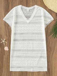 SHEIN Leap Crew Teens Girls' White Hollow Out Jacquard V-Neck Dolman Sleeve Beach Cover Up, Suitable For Vacation, Beach, Swimwear